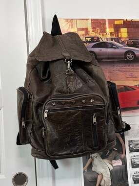 Vintage Distressed Brown Patchwork Leather Backpack with Studded Detail